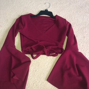 maroon flared long sleeve shirt